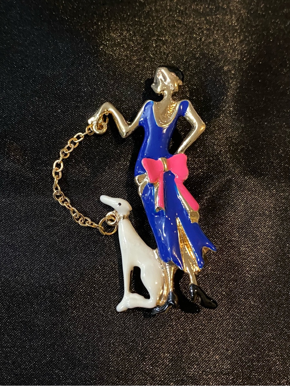 Gold-Tone Woman & Dog Brooch in Blue with Pink Bow